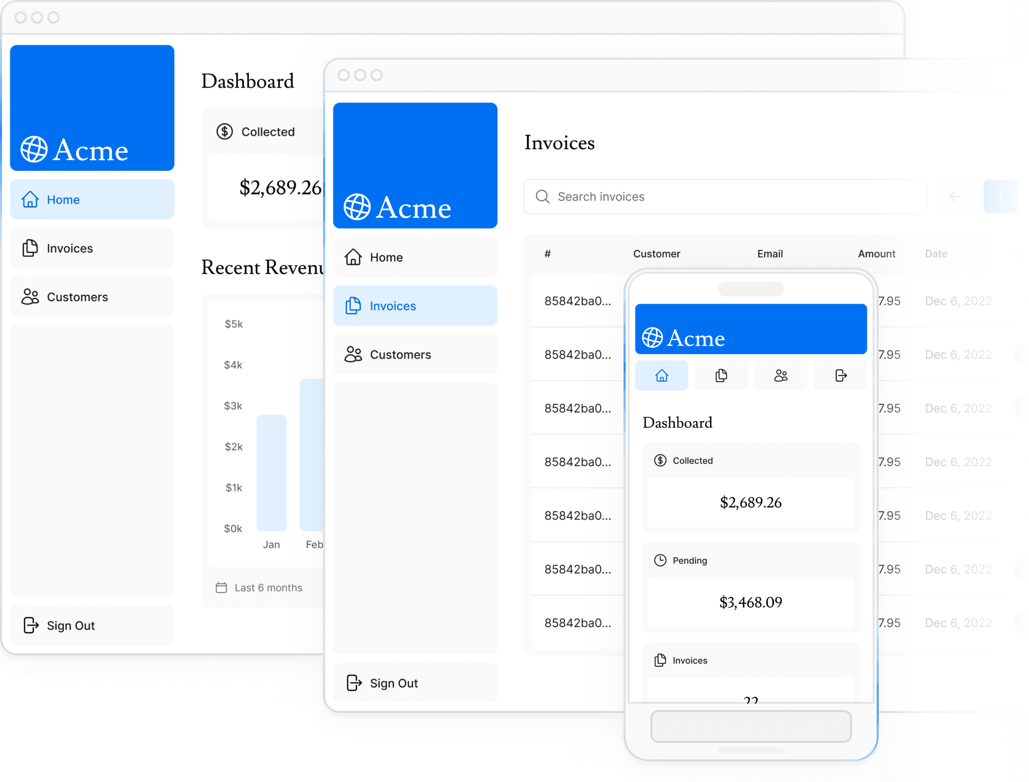 Screenshots of the dasboard project showing desktop version